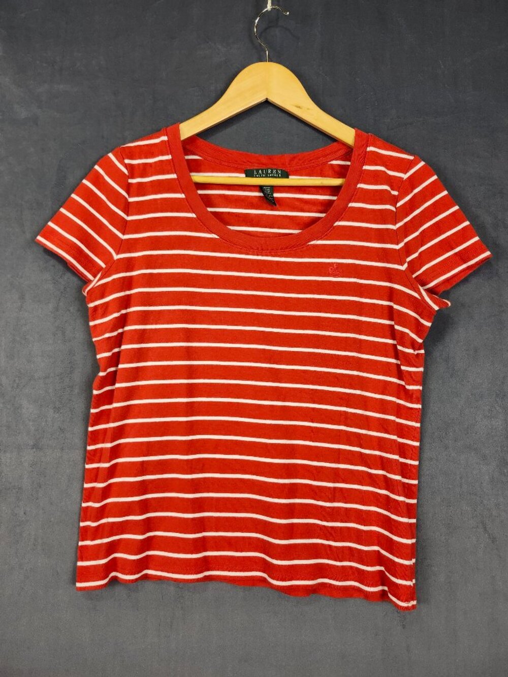 Lauren Ralph Lauren Red and White Striped Short Sleeved Crew Neck Tee Large